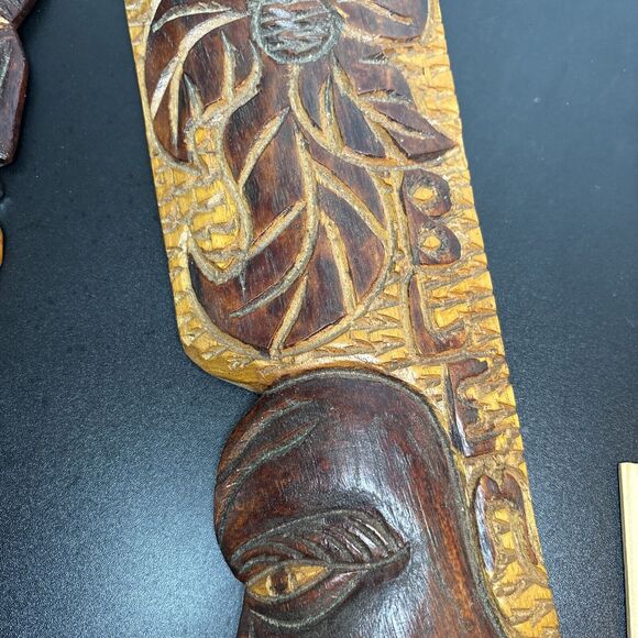 Hand Carved Wooden Wood Tribal Art Smoking No Problem Faces Set Of 2 Tiki Decor - Picture 7 of 9